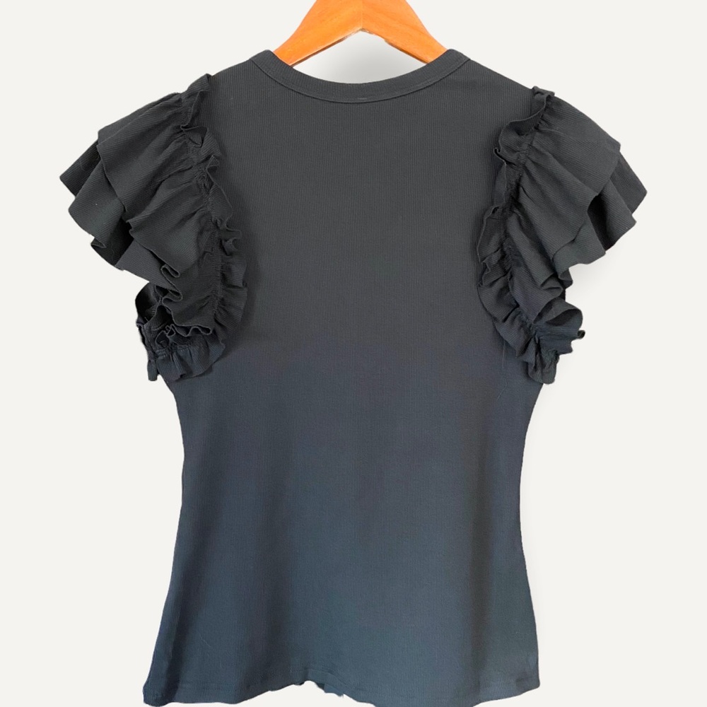Simply Cute Ruffle Short Sleeve Pull-on Rib Top Black Size Large - Picture 4 of 8